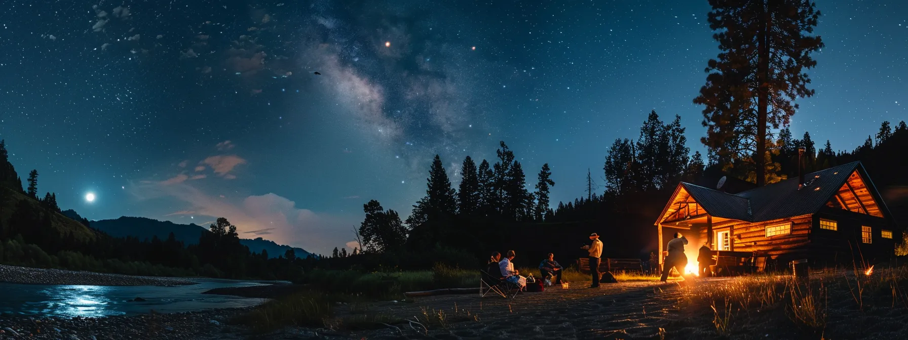 a family gathered around a campfire at a river cabin retreat, sharing stories under the starlit sky.