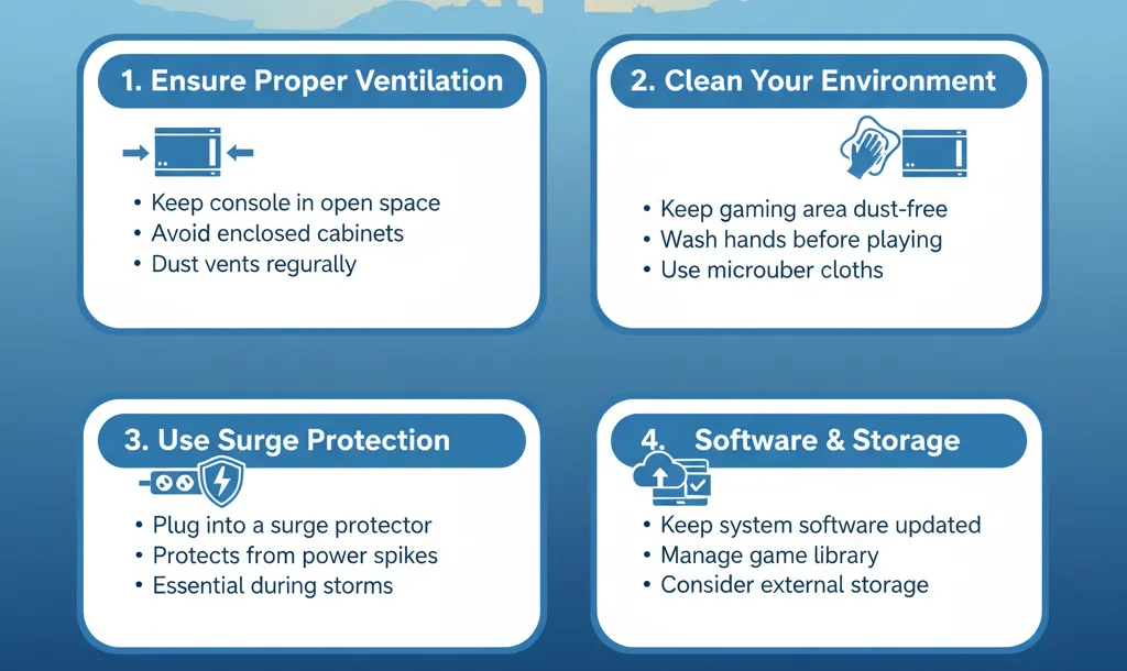 Infographic illustrating gaming console maintenance tips, including ensuring proper ventilation, cleaning the gaming environment, using surge protection, and managing software and storage.