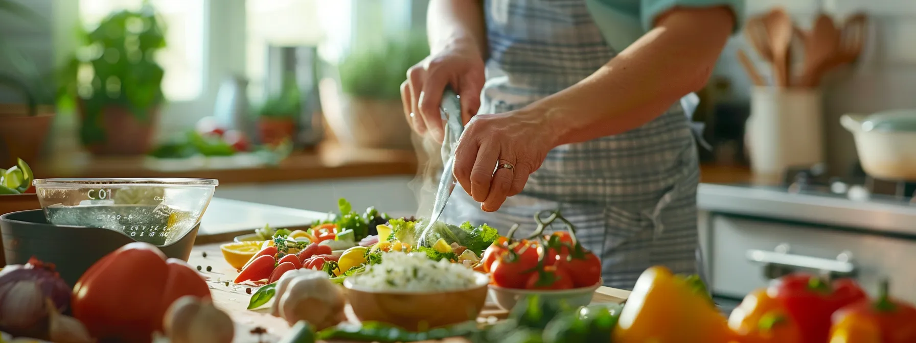 a person preparing a colorful and nutritious meal in a well-organized kitchen.