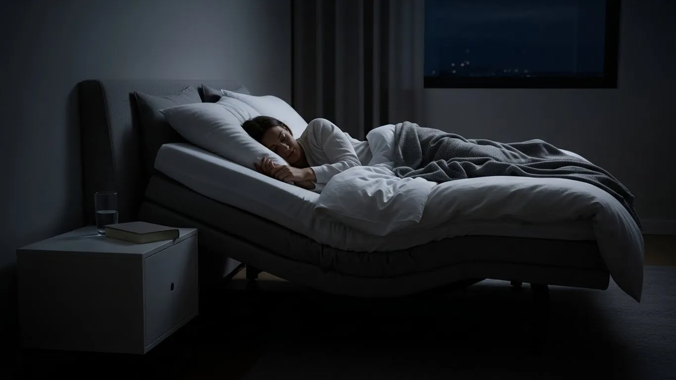 Person sleeping comfortably on an adjustable bed with head elevation, surrounded by soft bedding and a nightstand with a glass of water, illustrating the benefits of adjustable bases for improved sleep quality.