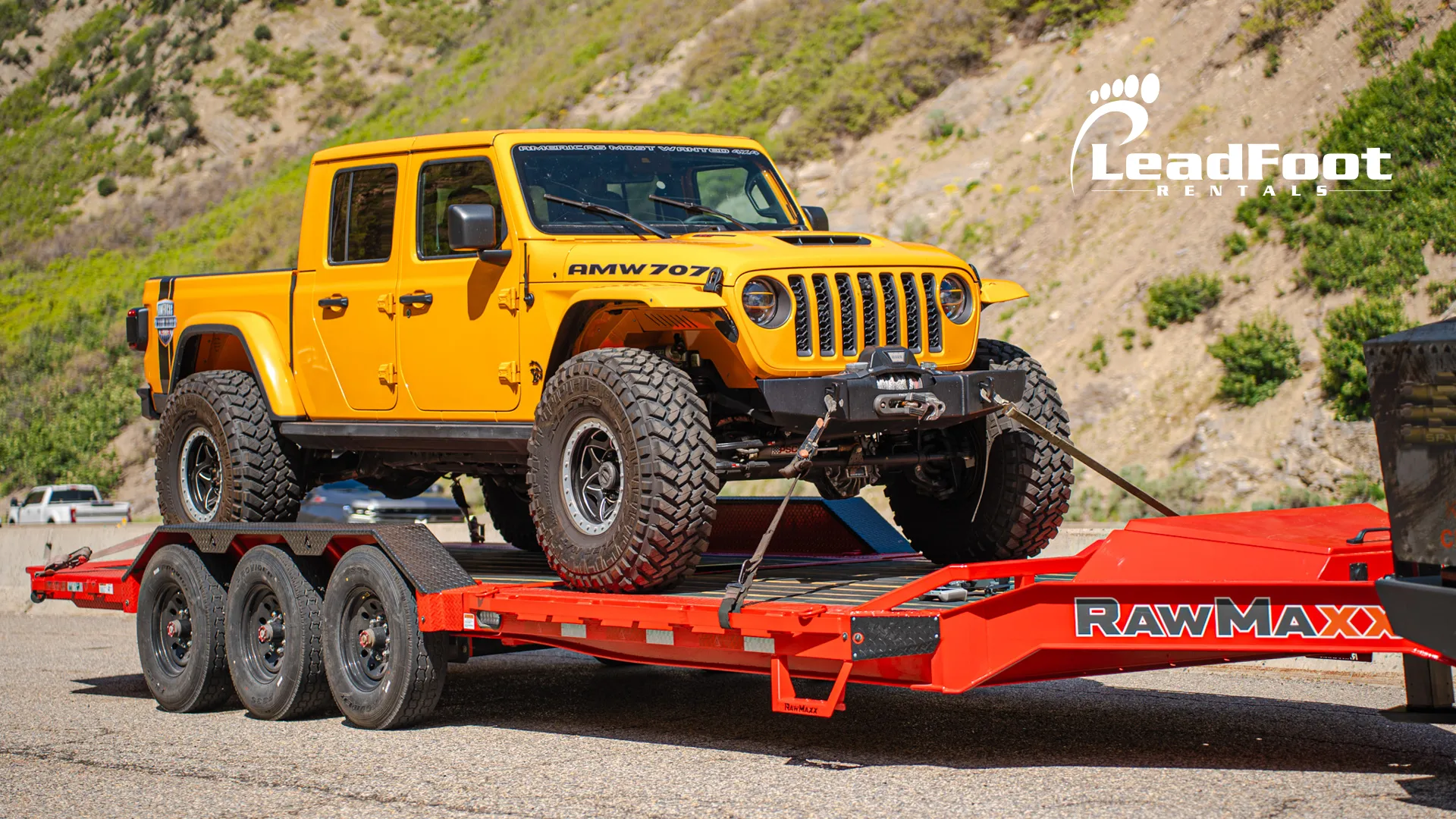 Trailer towing a Jeep on a RawMaxx Trailer