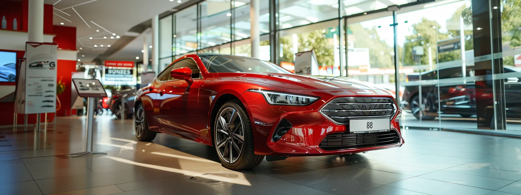 a shiny, brand-new car sitting in a dealership showroom, surrounded by price tags and finance brochures, highlighting the financial implications of buying new cars.