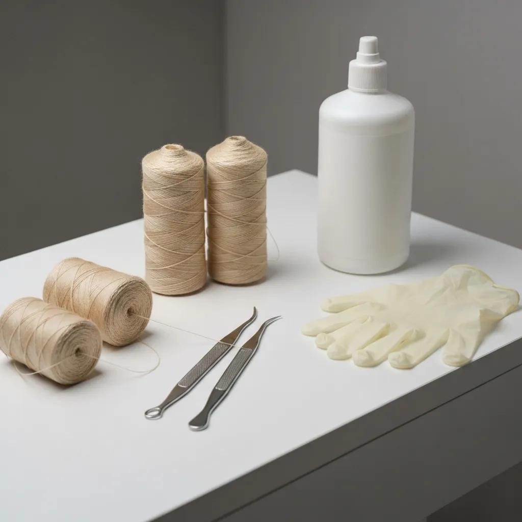 Sterilized threading tools and fresh cotton threads arranged on a clean workstation, demonstrating the salon's commitment to hygiene standards