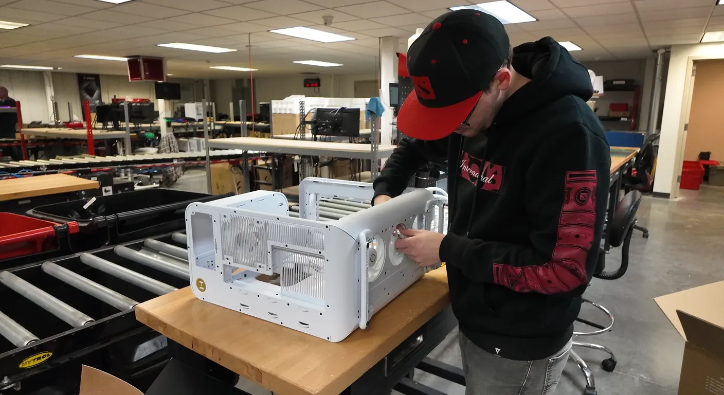 A XOTIC PC technician hand-assembles a custom white PC case on the production floor, showcasing precision craftsmanship in our build lab.