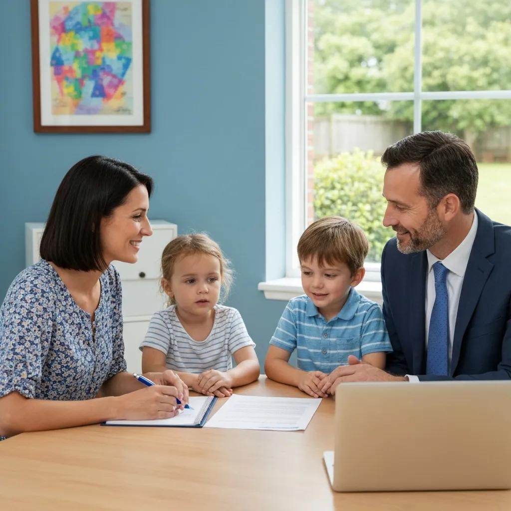 A family discusses financial options for ABA therapy with a supportive advisor in a comfortable setting.