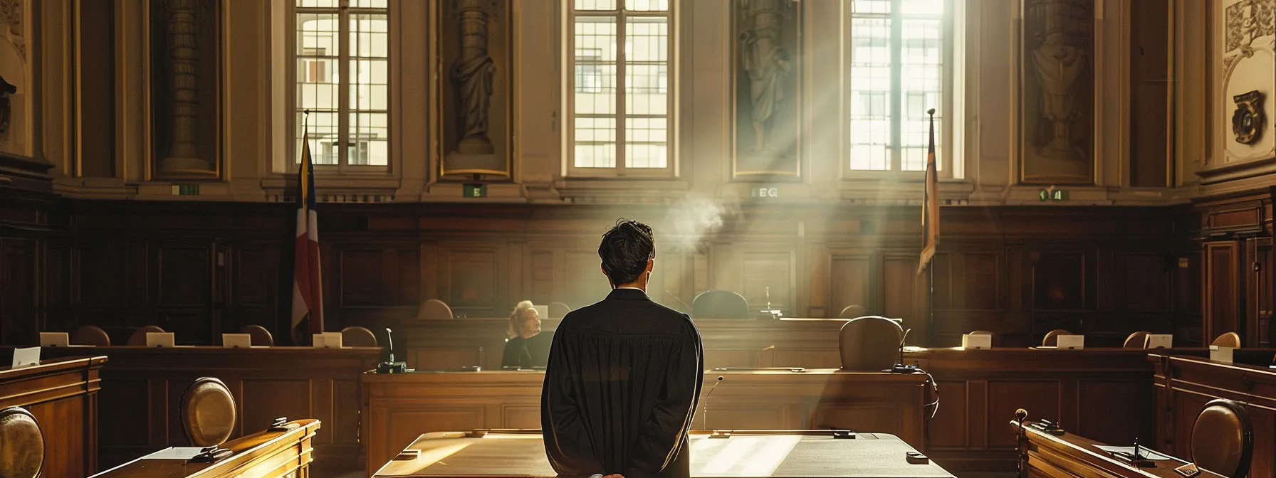 a person standing in a courtroom surrounded by legal documents and lawyers, preparing to fight against privacy breaches.