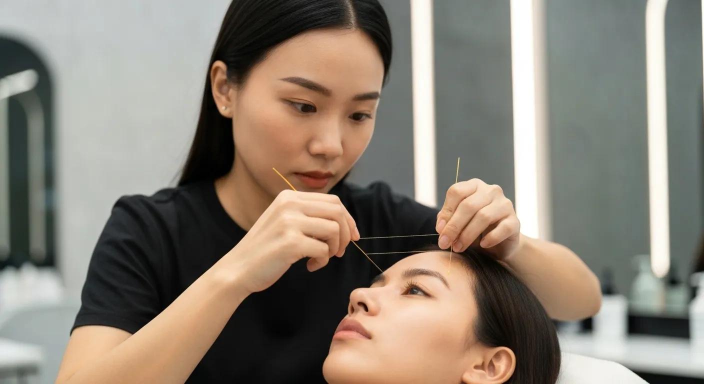Facial threading service at a modern salon highlighting precision and care