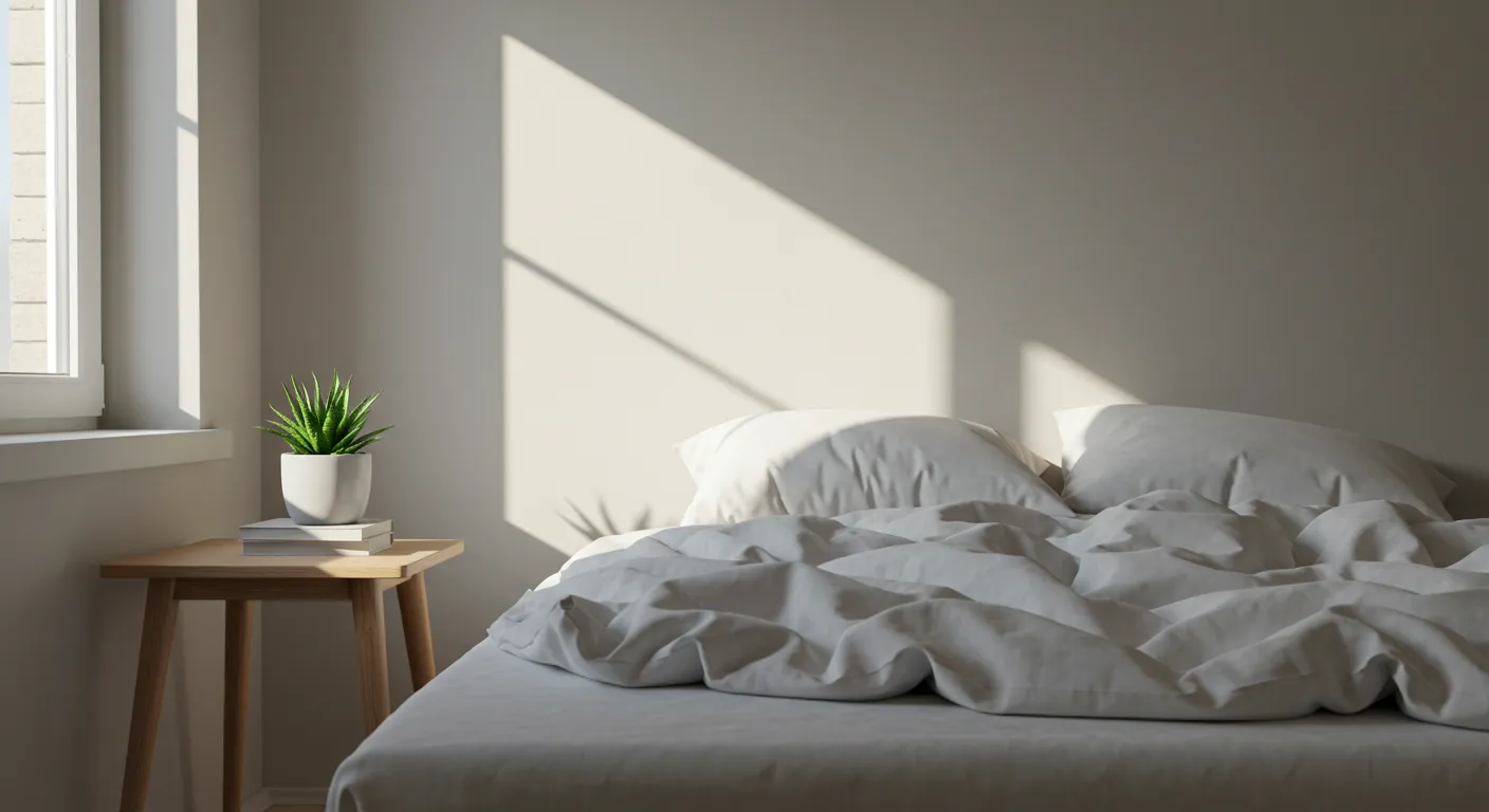 Minimalist bedroom with fresh bedding and morning light through a window Minimalist bedroom with fresh bedding and morning light through a window