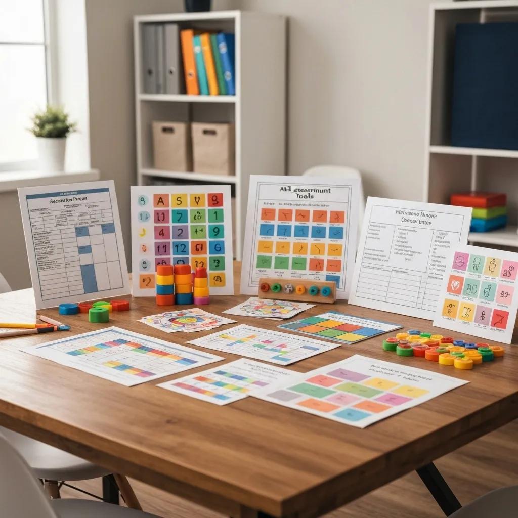 A variety of ABA assessment tools for children with autism are neatly arranged on a table, ready for use.