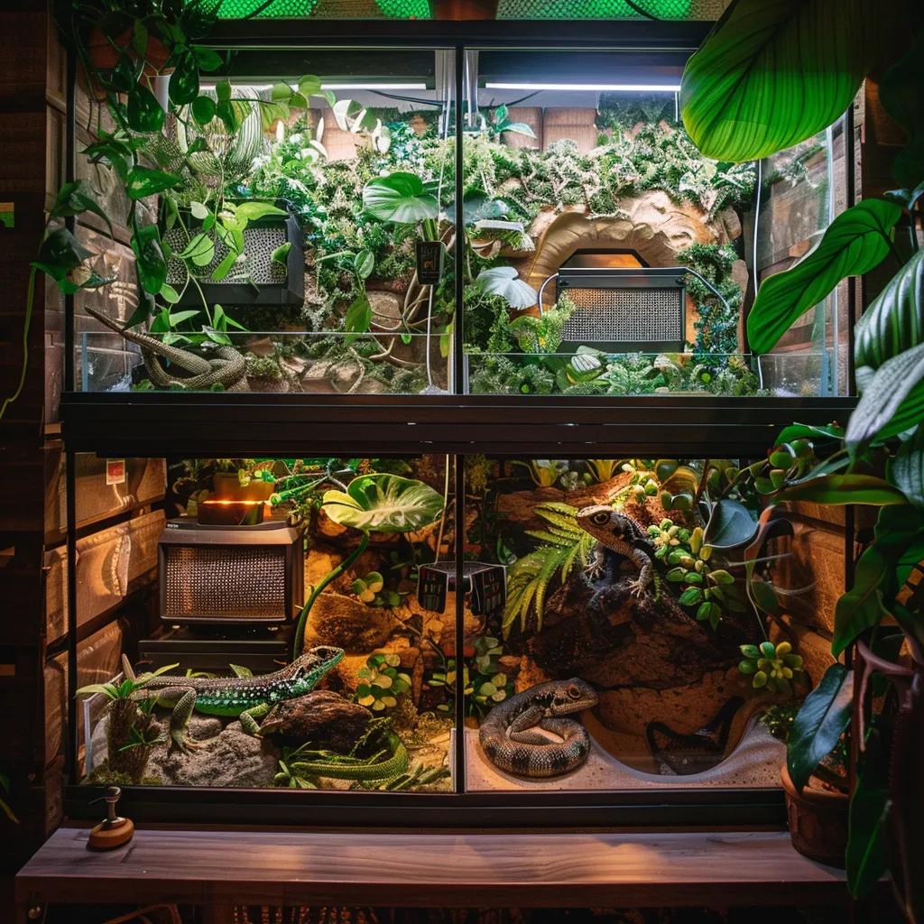 Essential features of a lizard vivarium including ventilation and UVB lighting
