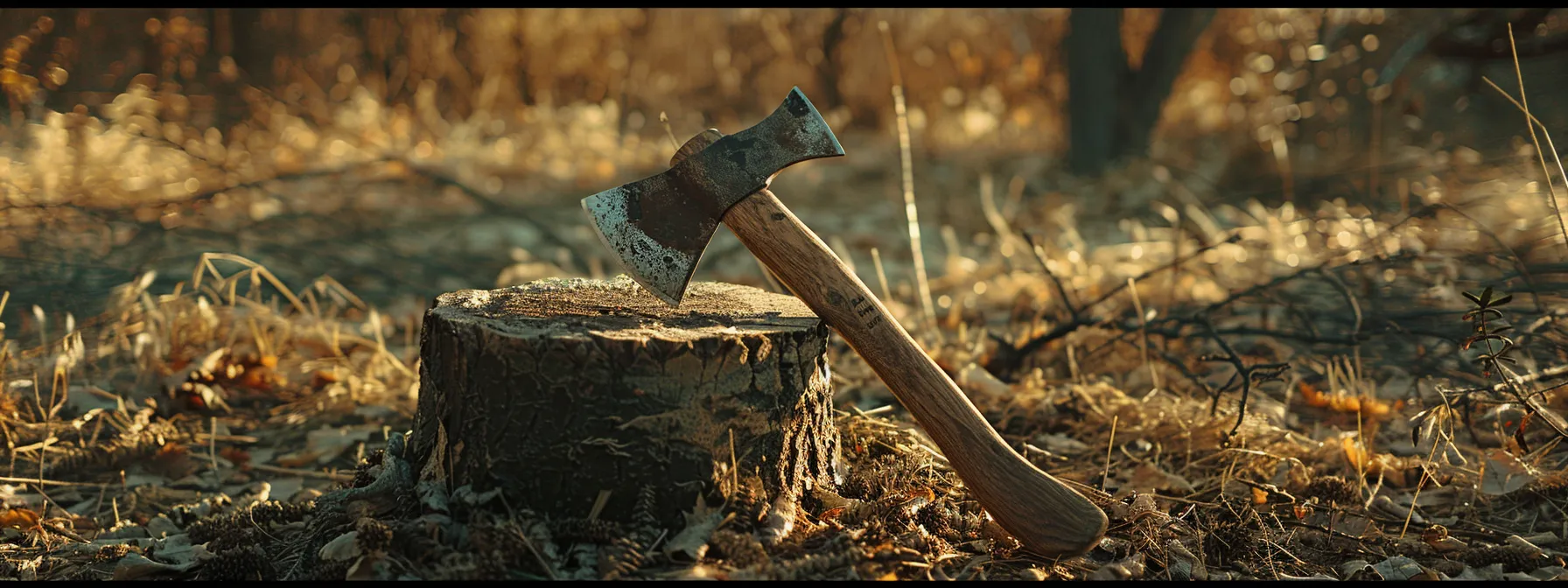 a rugged, weathered axe lies atop a tree stump, surrounded by freshly cleared land, symbolizing the essential role of axes in early civilization development.