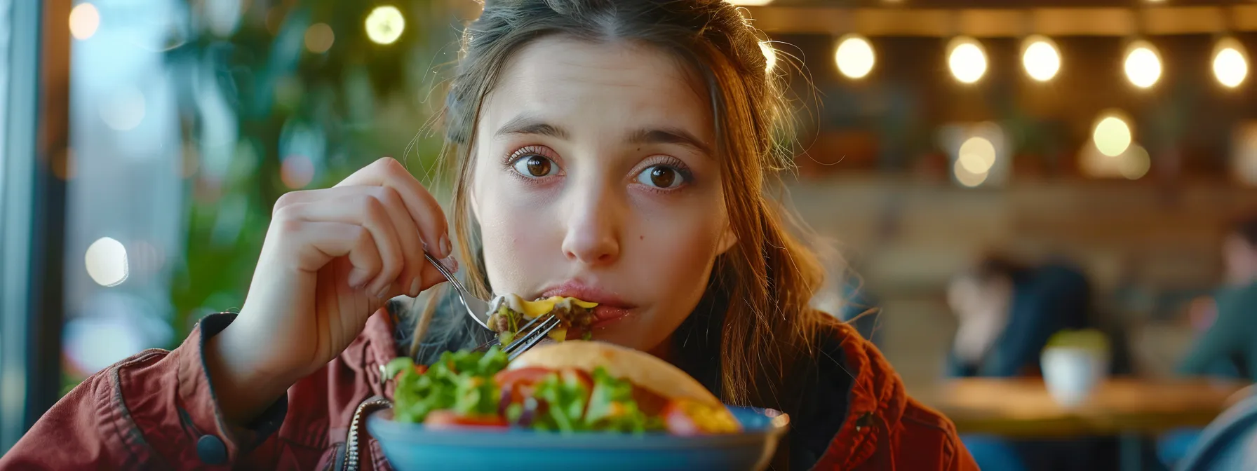 a person savoring a bite of food with a look of peaceful concentration on their face.