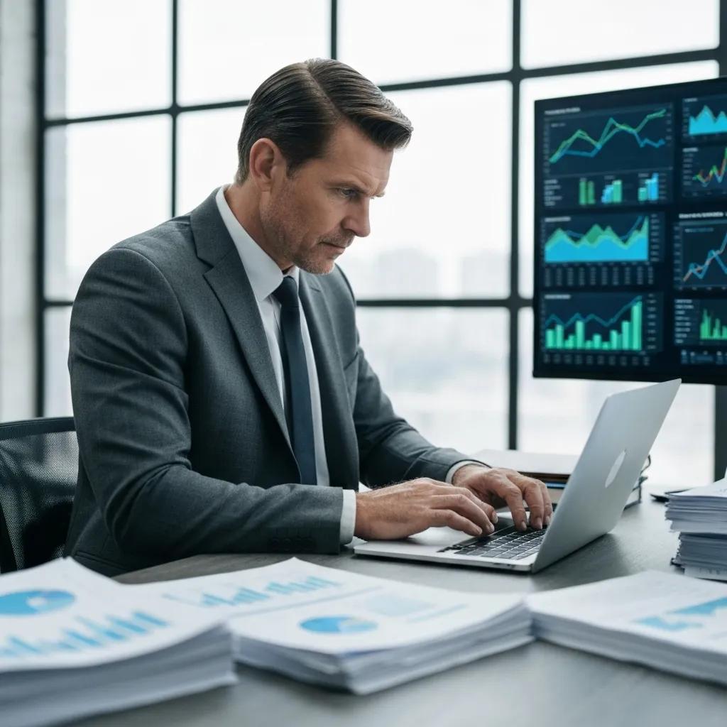 Corporate investigator analyzing financial documents in a modern office, highlighting the importance of business investigations