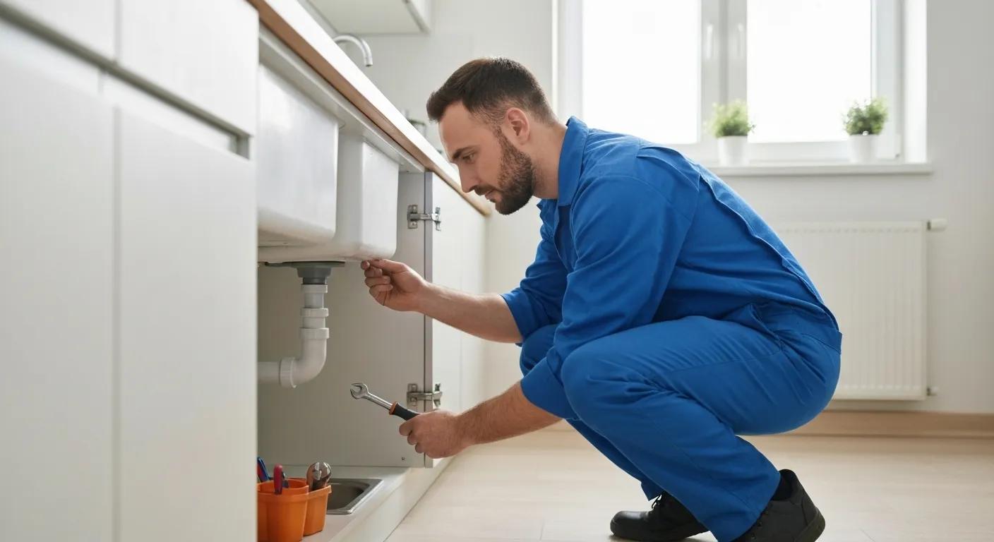 Homeowner inspecting plumbing under a sink, highlighting preventative maintenance