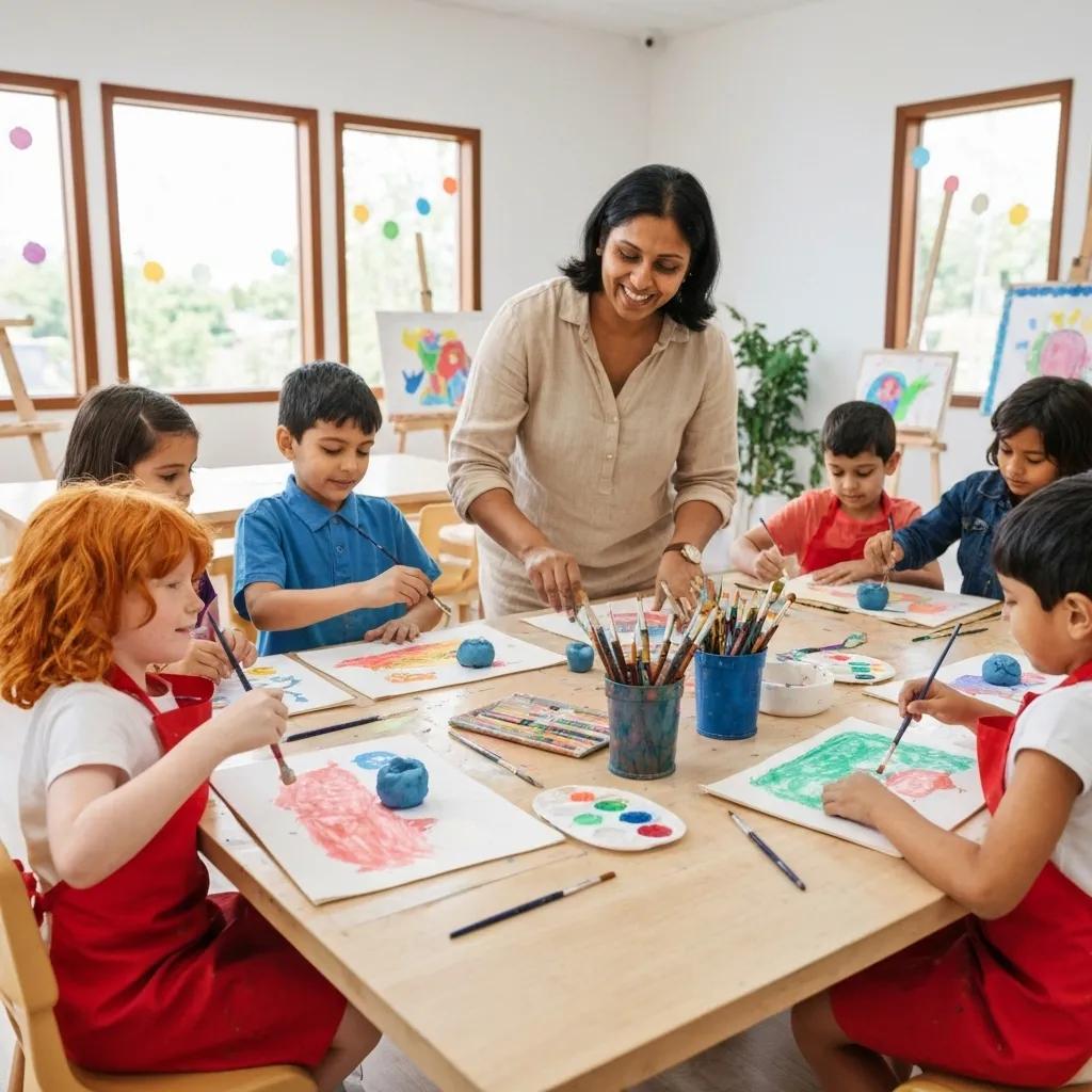Young children enthusiastically engaged in a creative art class at Creative Art School, capturing the pure joy of artistic exploration