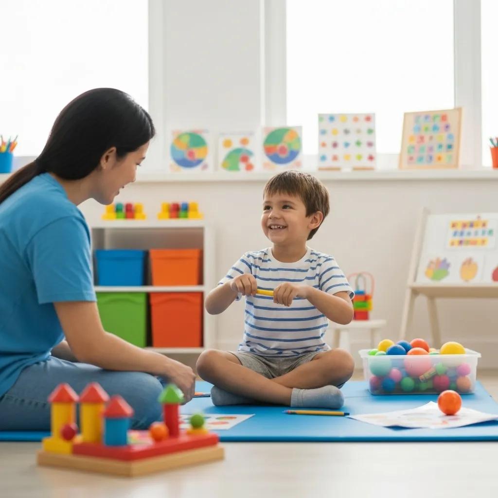 Child with autism engaging in ABA therapy with a therapist in a colorful, supportive environment