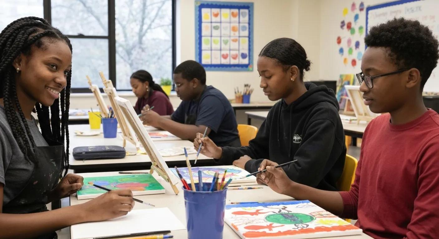 Young students enthusiastically painting on canvases in an art class, demonstrating their creativity and engagement in a colourful classroom setting
