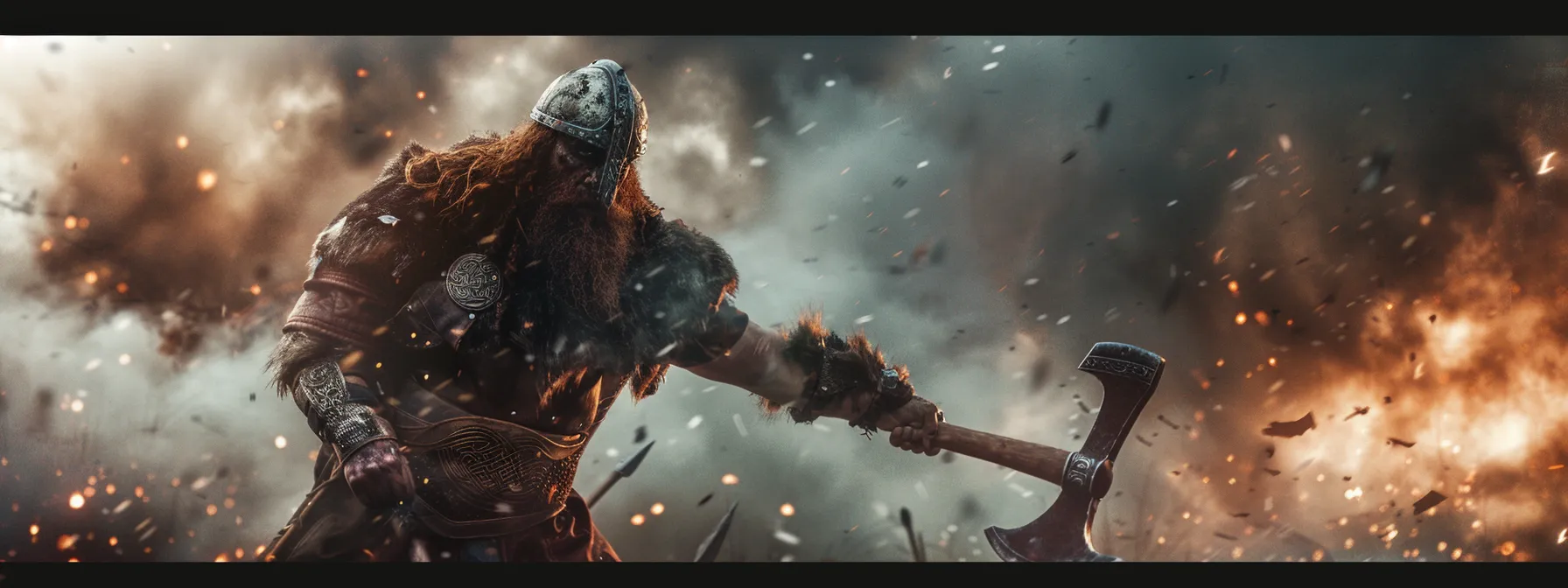 a fierce viking warrior wielding a sharp battle axe, ready for combat in a smoke-filled battlefield.