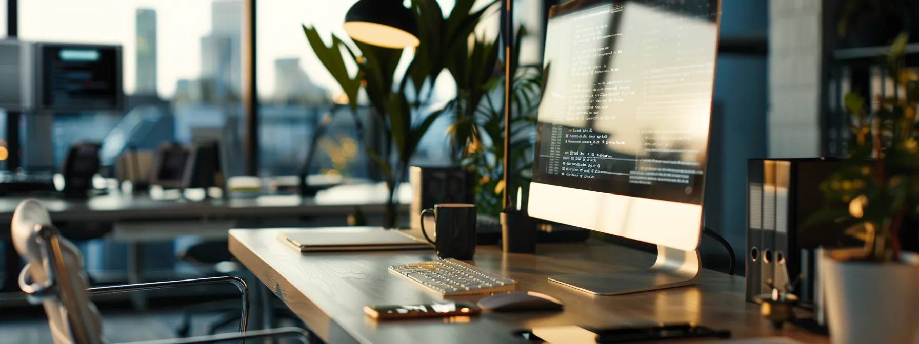 a person using advanced keyword research tools in a sleek, modern office setting.