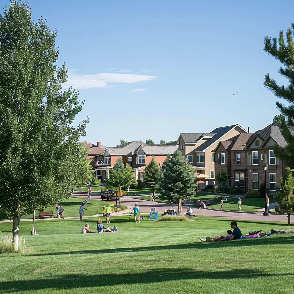 Vibrant neighborhood in Littleton, Colorado with families enjoying outdoor activities and diverse housing options