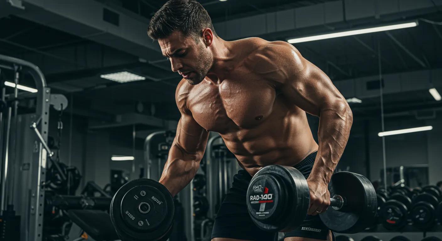 Athlete lifting weights in a gym, symbolizing muscle growth and performance enhancement with RAD-150