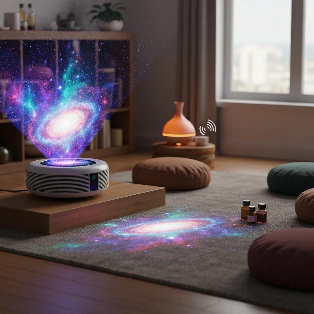 A beautifully arranged meditation space featuring a galaxy projector, comfortable cushions, and calming essential oils