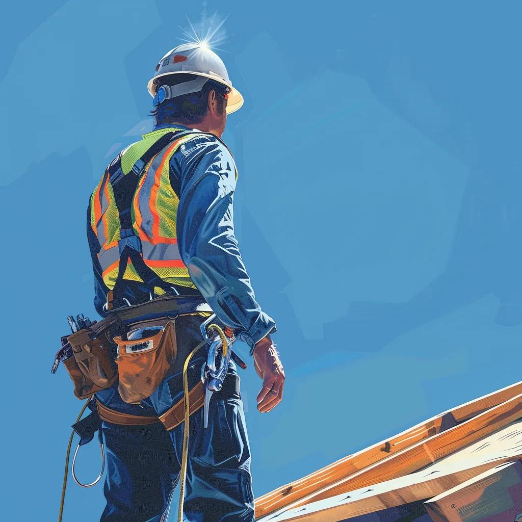 Construction worker inspecting rooftop edge with safety harness, emphasizing OSHA fall protection Construction worker inspecting rooftop edge with safety harness, emphasizing OSHA fall protection