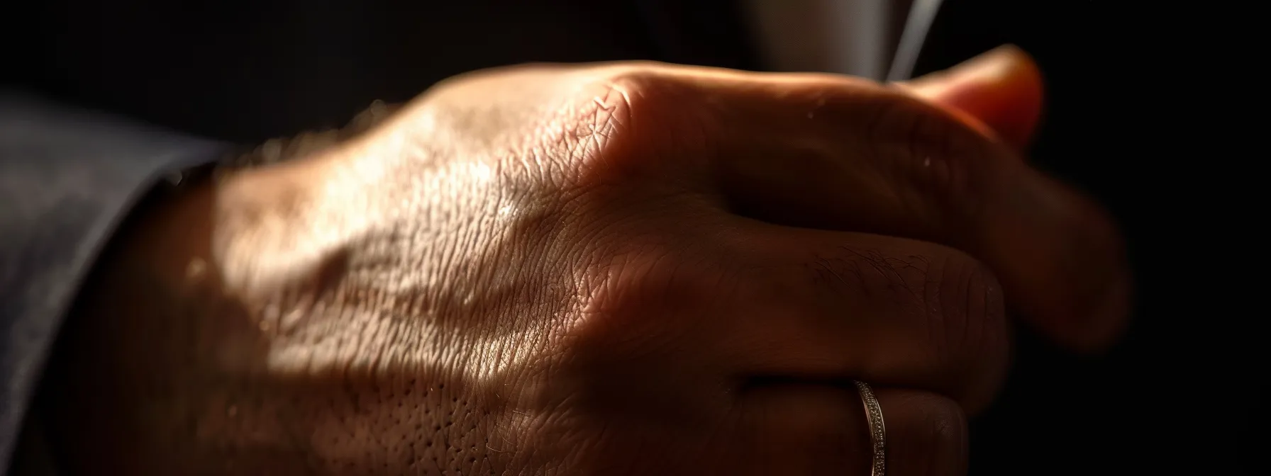 a close-up photo of a man's hand wearing a wedding band that fits perfectly, showing no gaps or slipping, highlighting a comfortable and secure fit.