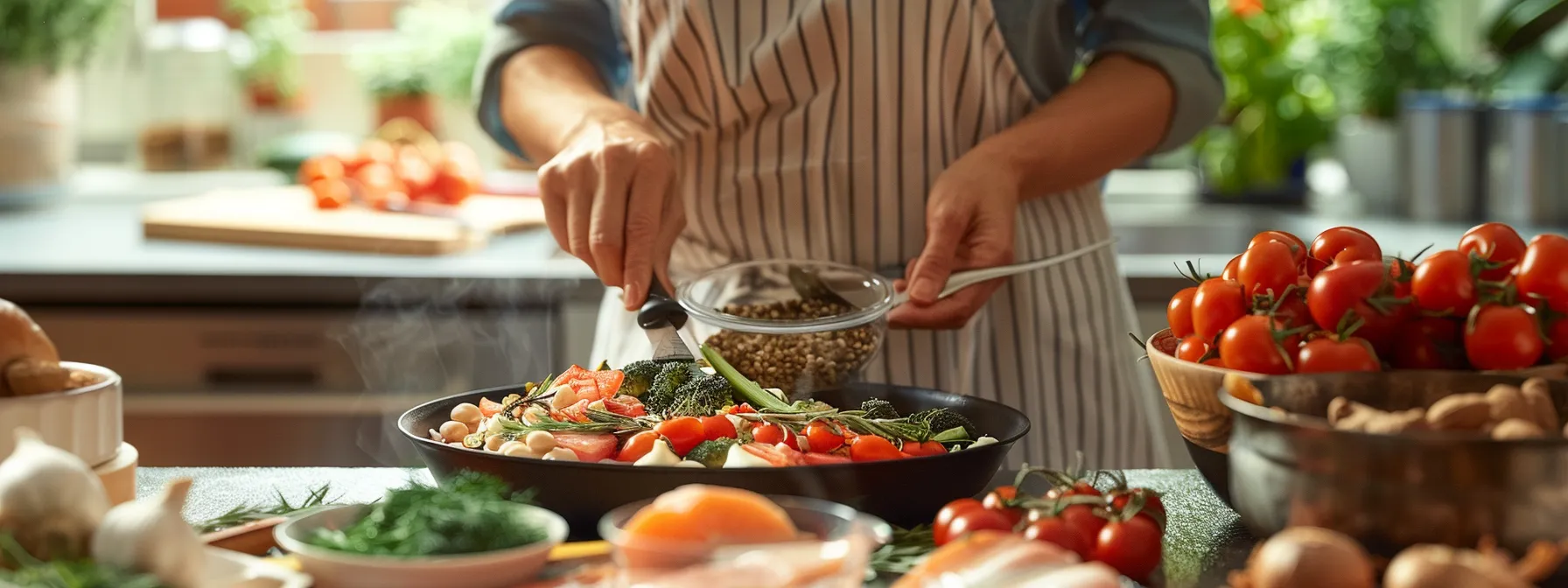 a person carefully measuring and adjusting portions of nutrient-dense foods on a kitchen scale.