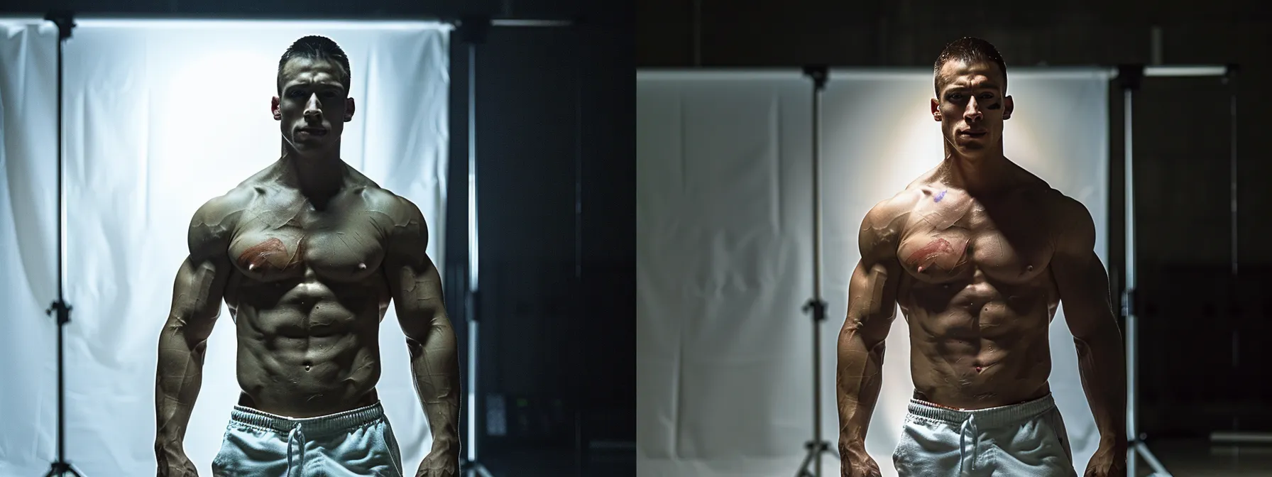 an actor undergoing a drastic physical transformation for a role, displaying defined muscles and chiseled features.