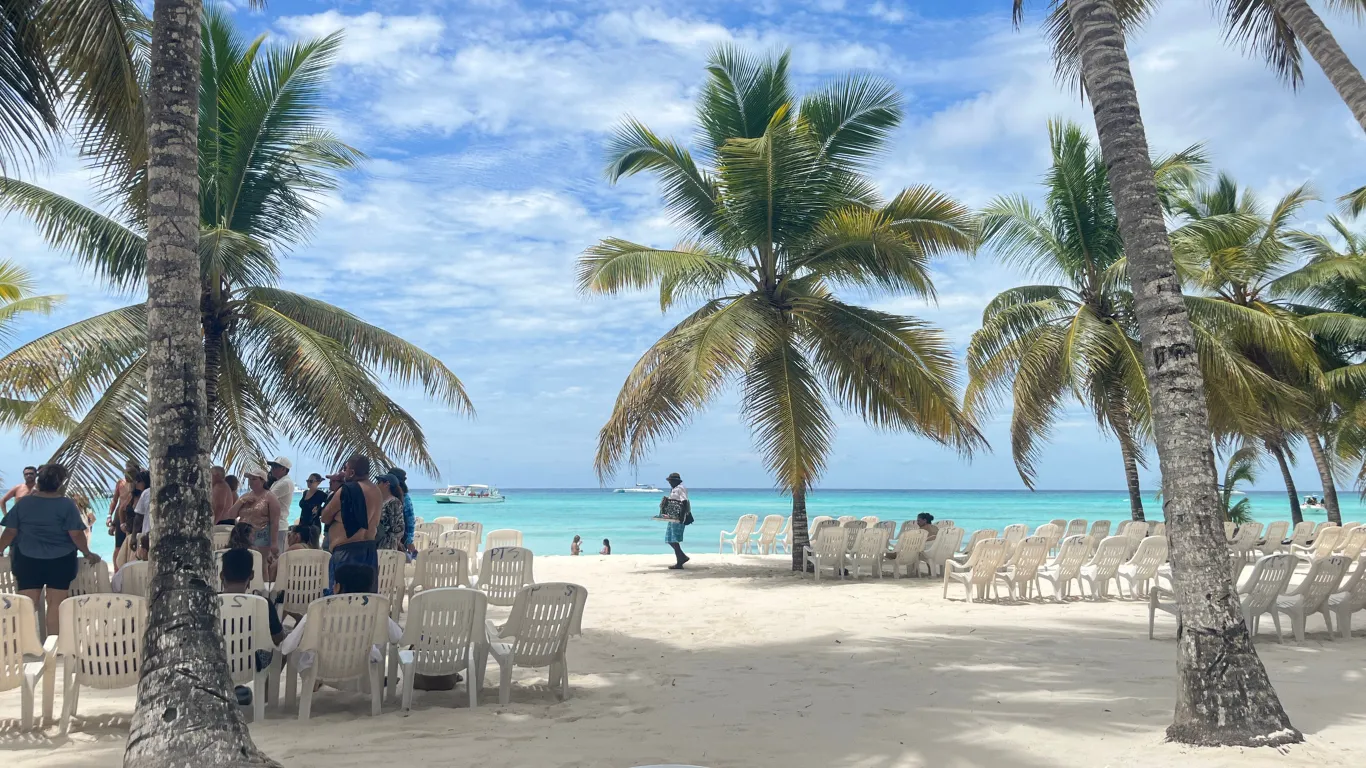 Catamaran sailing over the Caribbean Sea to Saona Island from Punta Cana – tropical adventure in Dominican Republic