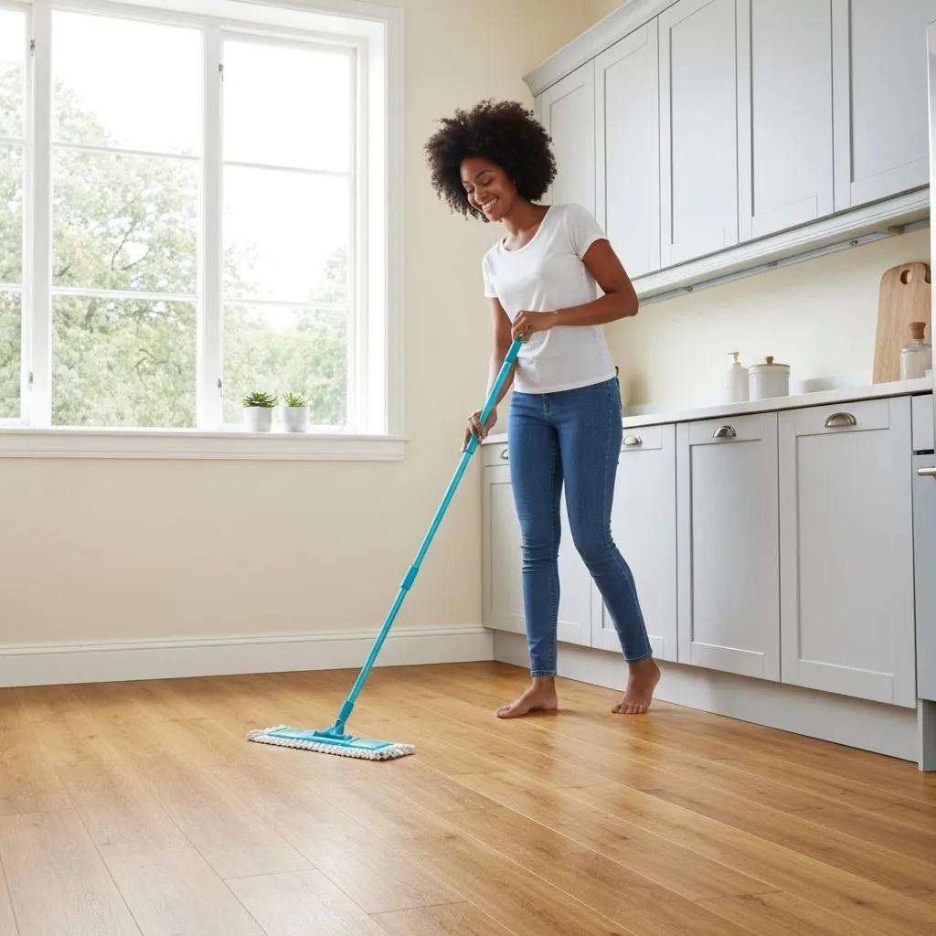 Person cleaning engineered wood flooring in a bright kitchen, illustrating low maintenance