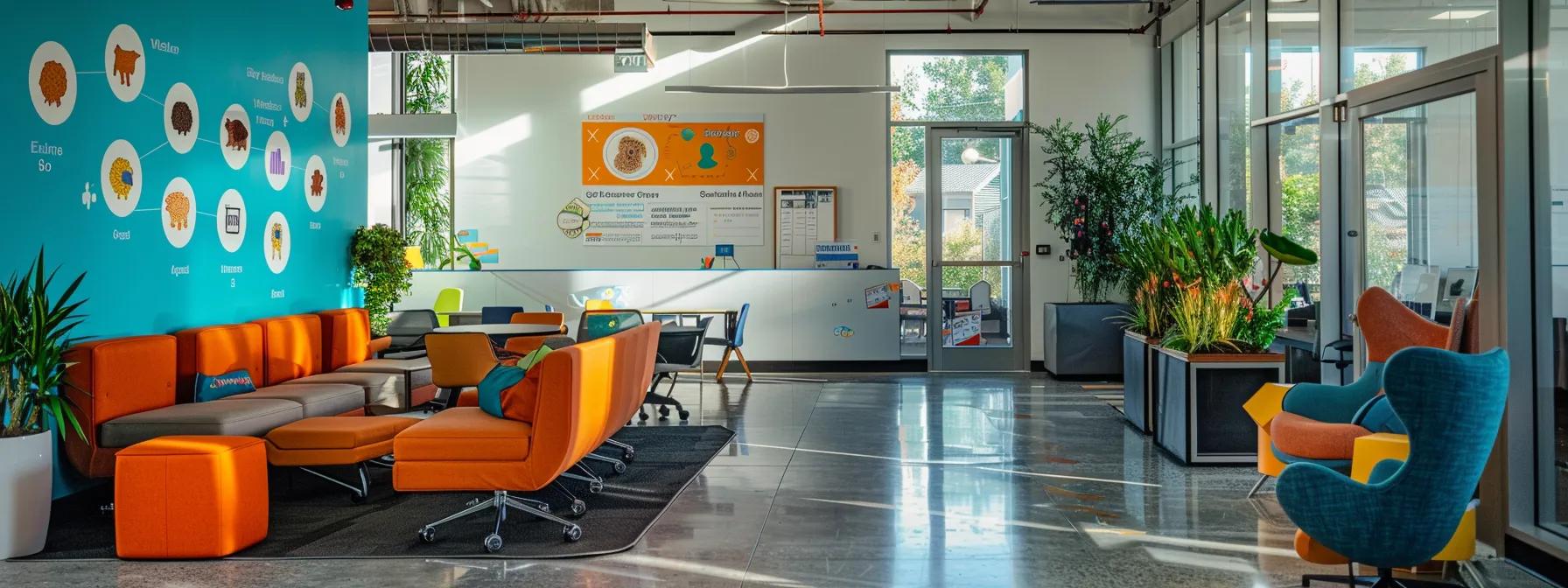 a vibrant and organized office environment showcases an infographic wall featuring illustrated personality traits of various doodle dog breeds, highlighting their care needs with engaging visuals and colorful icons.