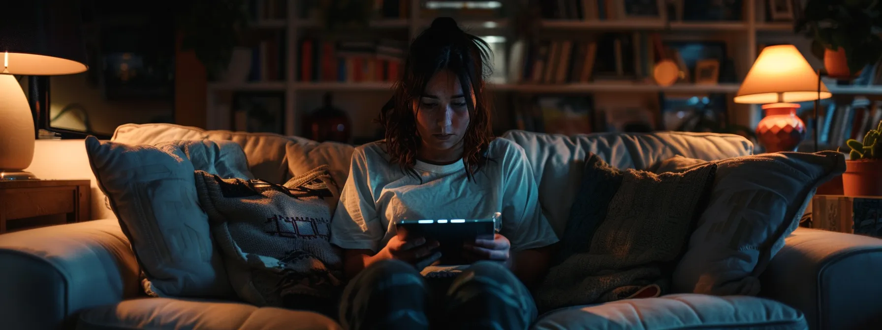 a person sitting alone on a couch, surrounded by multiple electronic devices and looking overwhelmed.