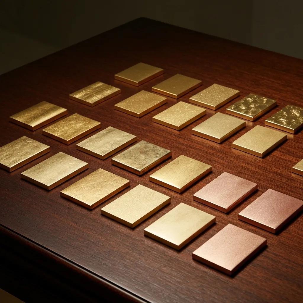 A selection of various gold finishes, including polished rich gold and rose gold, displayed on a wooden table