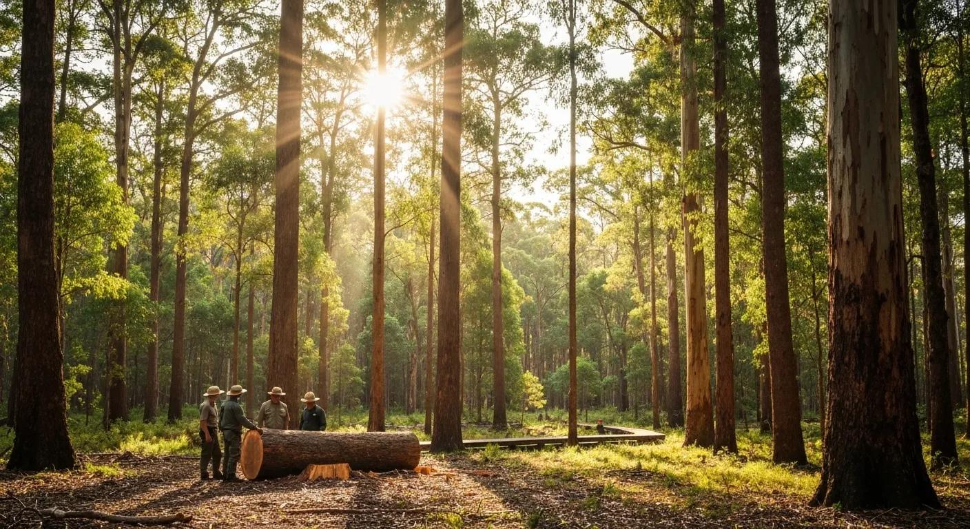 A serene forest scene highlighting sustainable timber sourcing practices in Australia