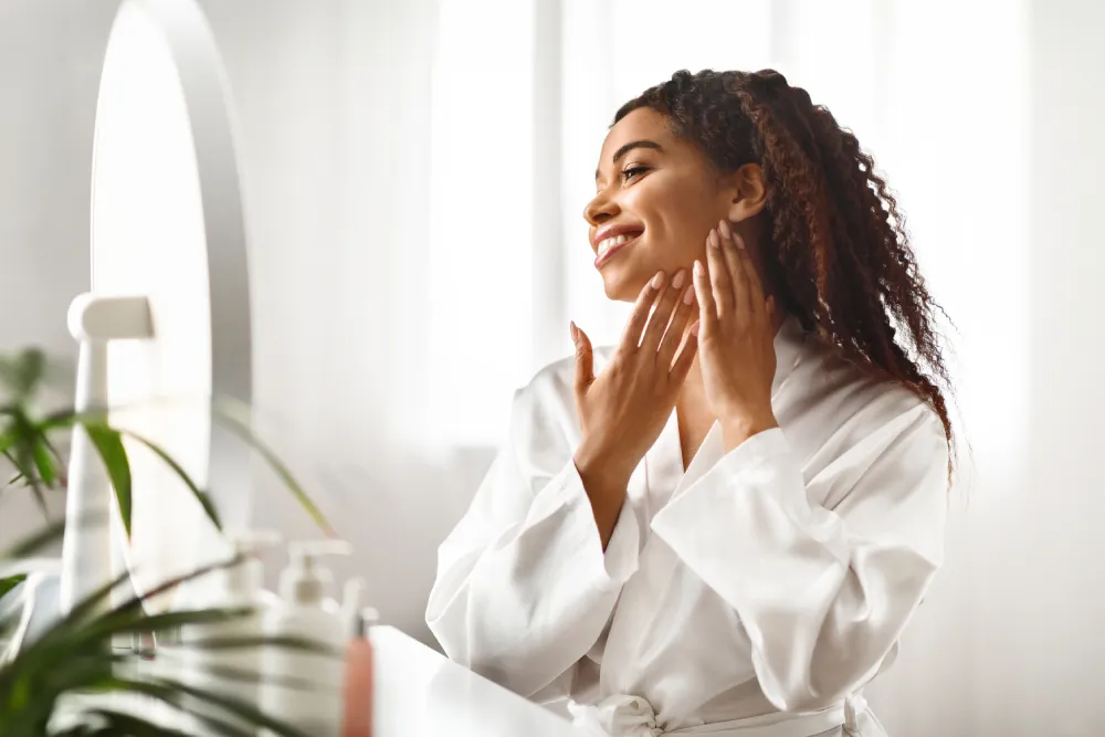 A smiling woman with curly hair wearing a white robe, admiring her smooth complexion in a mirror while gently touching her face; she is practicing a refreshing summer skincare routine using nourishing tallow skincare products in a bright, sunlit room.