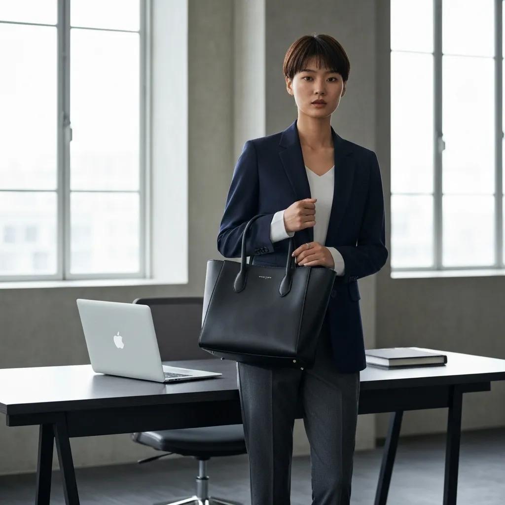 Structured black tote bag styled with professional attire in an office environment, emphasizing work-ready fashion