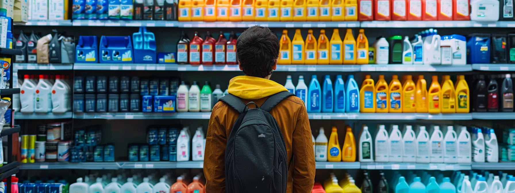 a person standing in front of shelves with various types of dechlorinators, contemplating their choices and weighing the benefits and challenges of each option.