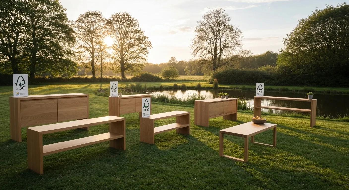 Sustainable timber furniture displayed with certification symbols in a natural setting