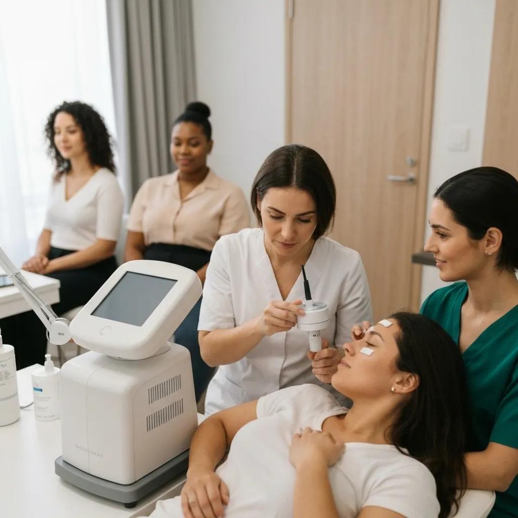 Diverse individuals receiving personalized skin analysis at a modern clinic with advanced imaging technology