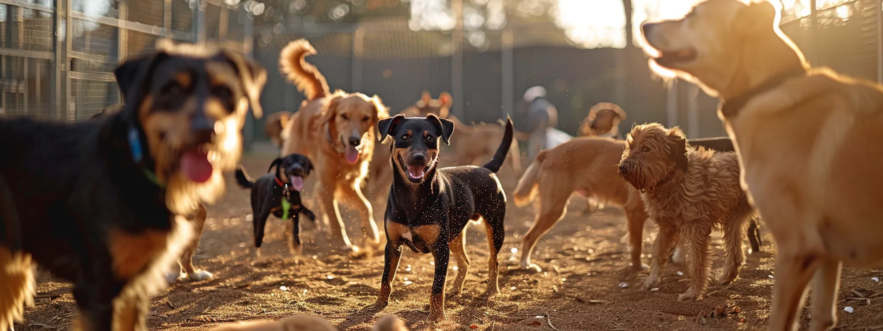 a group of dogs happily playing together in a spacious outdoor play area at a boarding facility.