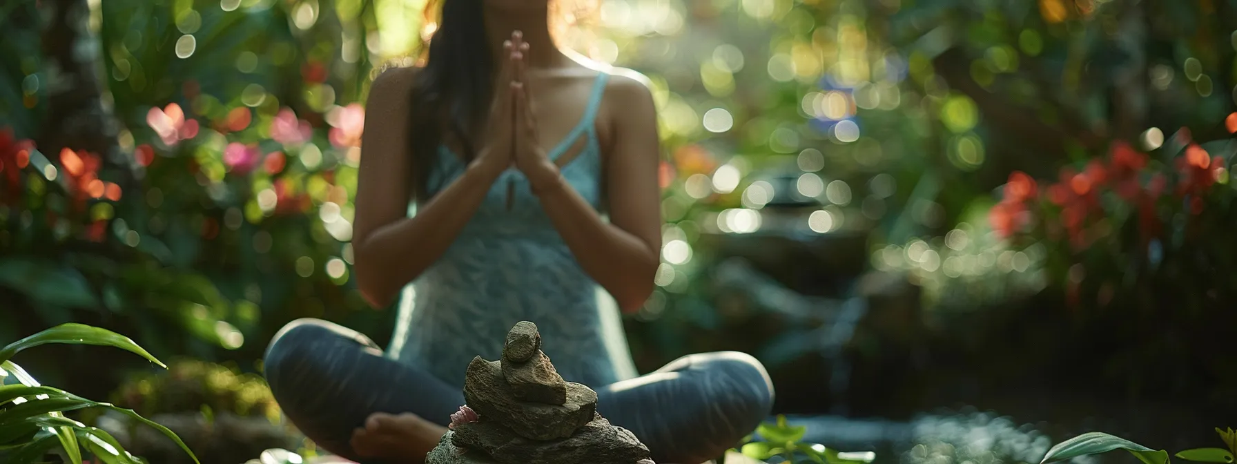 a person practicing yoga in a serene garden setting.