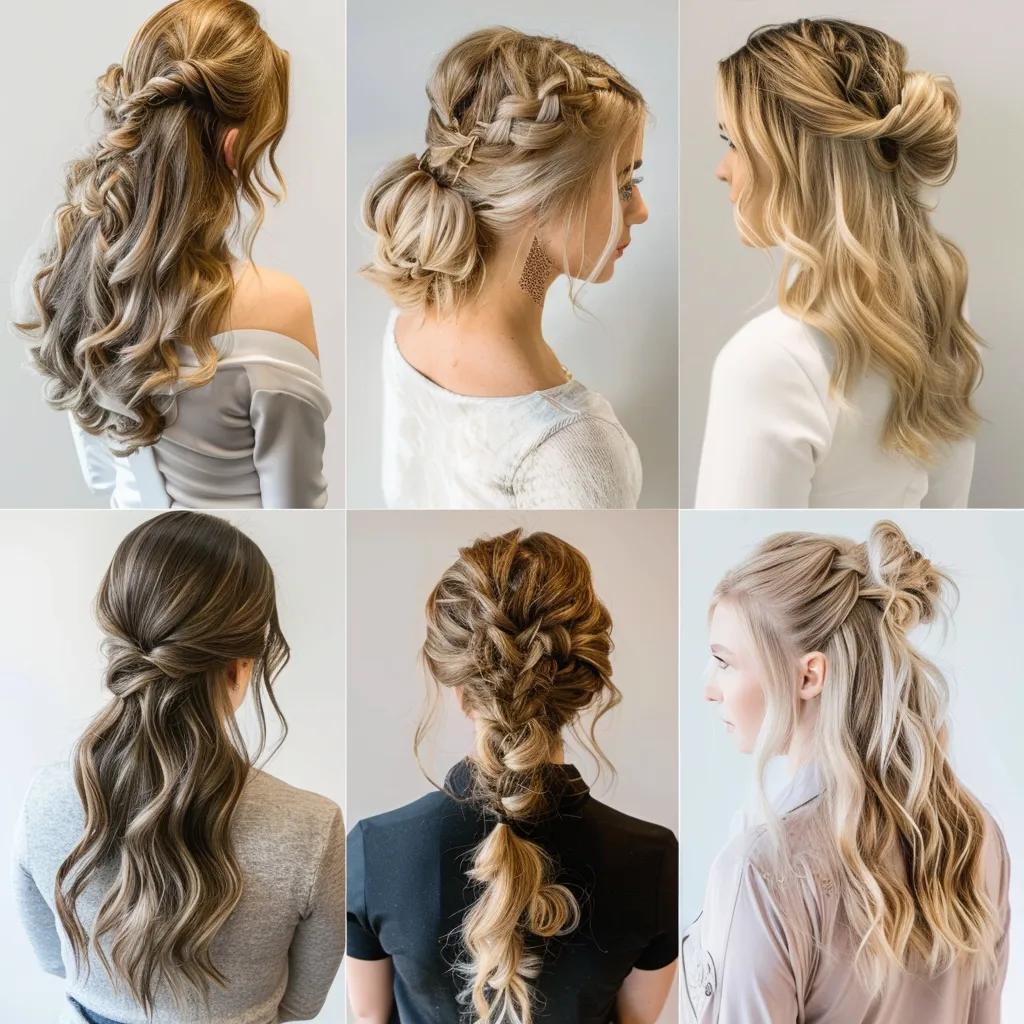 Collage of trendy hairstyles using hand-sewn weft extensions: updo, beach waves, ponytail