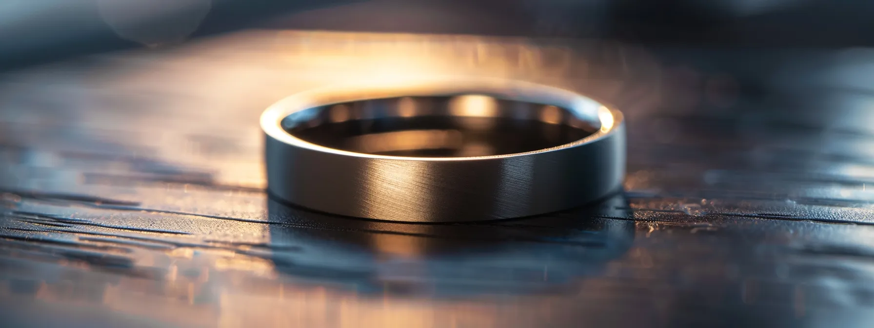 a sleek titanium ring with a modern flat profile and beveled edges gleaming under a soft light.