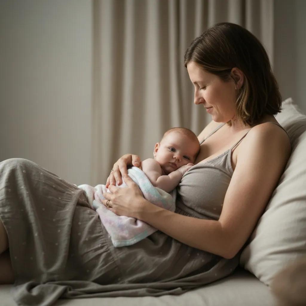 Mother and baby in laid-back breastfeeding position for comfort