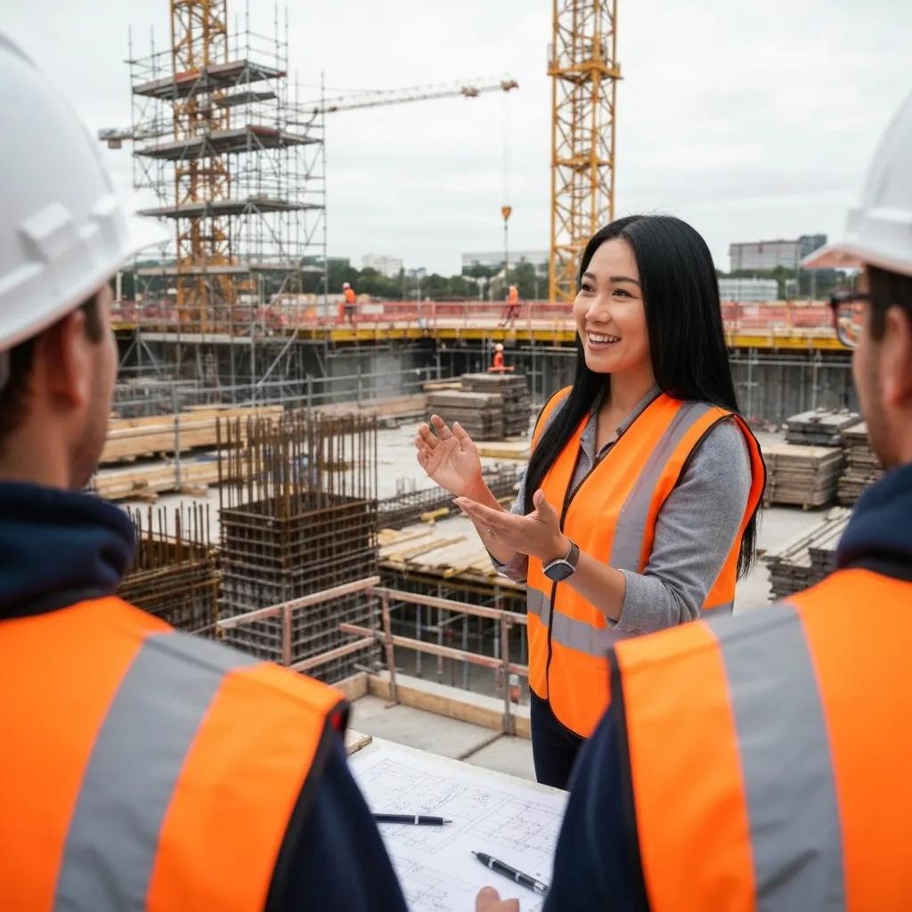A project manager overseeing a construction site, emphasizing effective communication and management