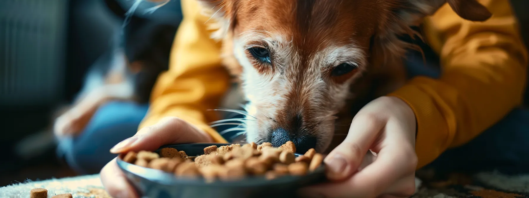 a dog owner carefully monitoring their pet's reaction to a new allergy-friendly dry dog food.