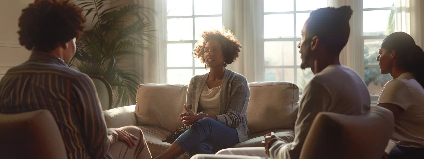 a diverse group of people engaged in a deep conversation in a cozy therapy room, challenging misconceptions about mental health therapy.