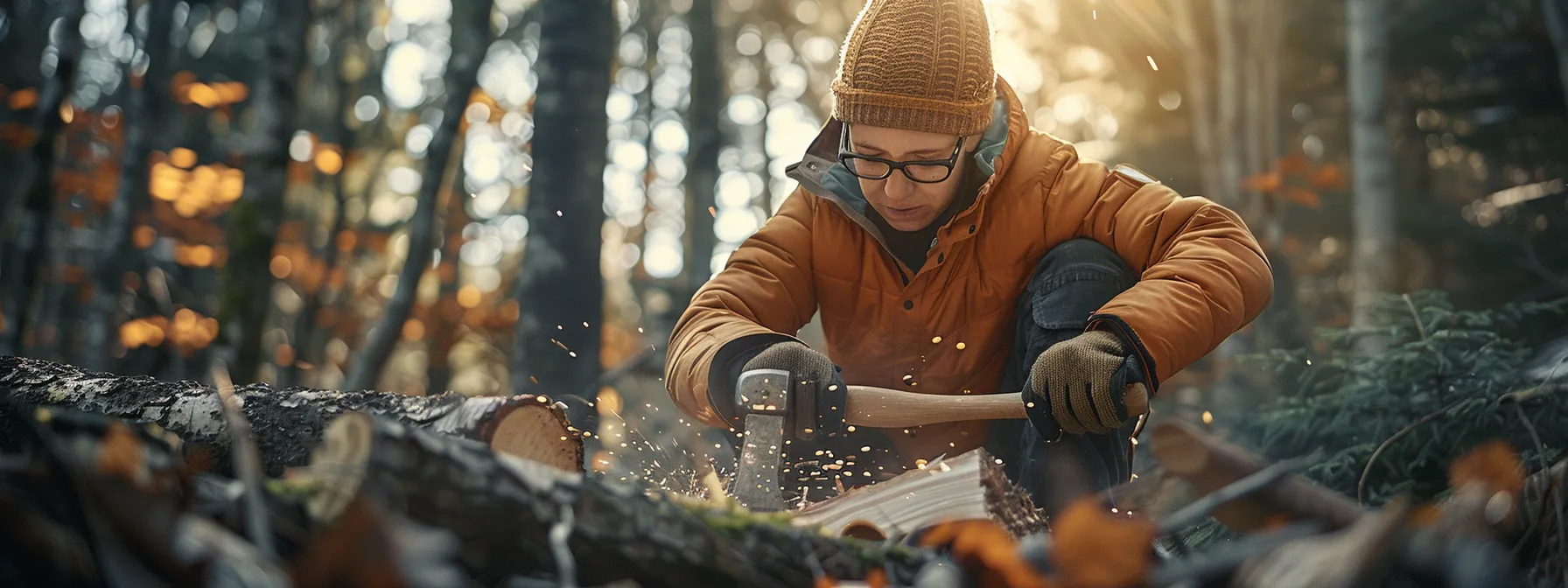 a person wearing safety gloves and glasses properly splitting wood with an axe in a wooded area.